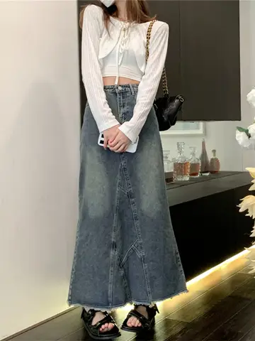 슬림핏 A라인 스커트 A라인 청바지 데님 여성용 여자용 오프닝 크로스 다재다능한 다양한 스타일 하이웨이스트 하이 라이즈 스커트