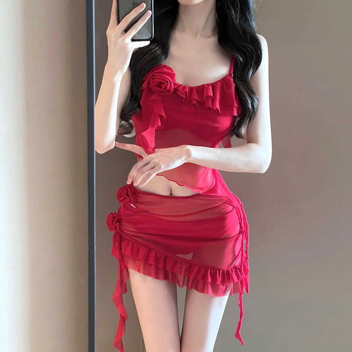 

New Hot Girl Bikini Two-Piece Swimsuit Women Four-Piece Set Red Floral Pure Desire Style Sexy Small Chest