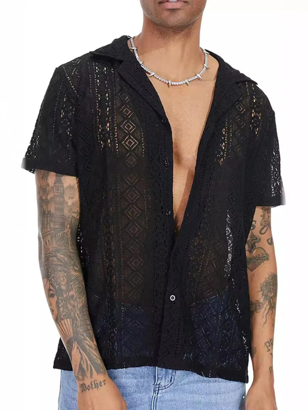 

Men's Lace Hollow ort Sve irt Summer Loose Fit Regular Thin ort Sve Flip Collar Hollow out Design Casual irt