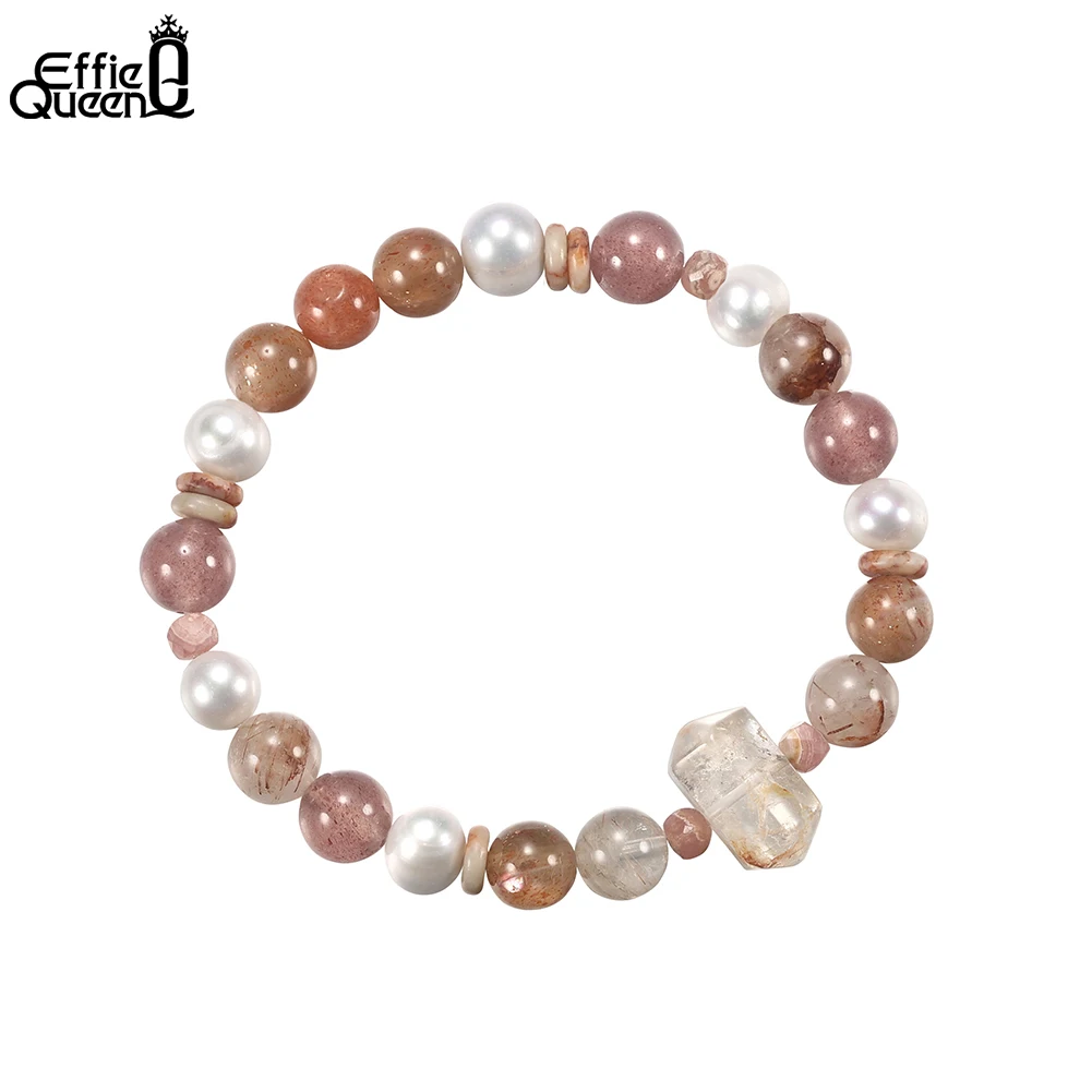 

EFFIE QUEEN Natural Strawberry Quartz Bracelet Crystal Jewelry Sunstone Beaded Elastic Rope Bangle Gift Fashion for Women GMB97