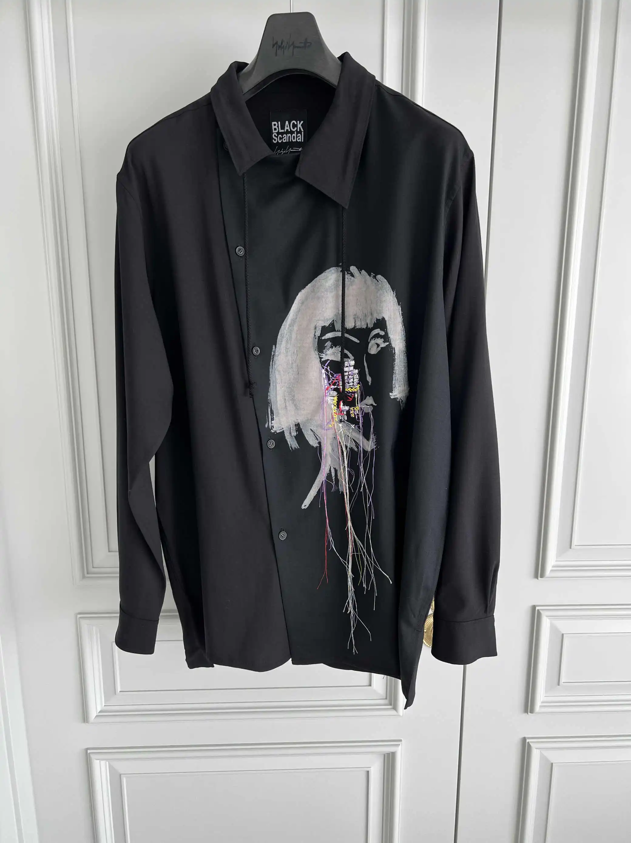 

TOP-YAMAMOTO original design portrait embroidered printed wool men's casual fringed shirt