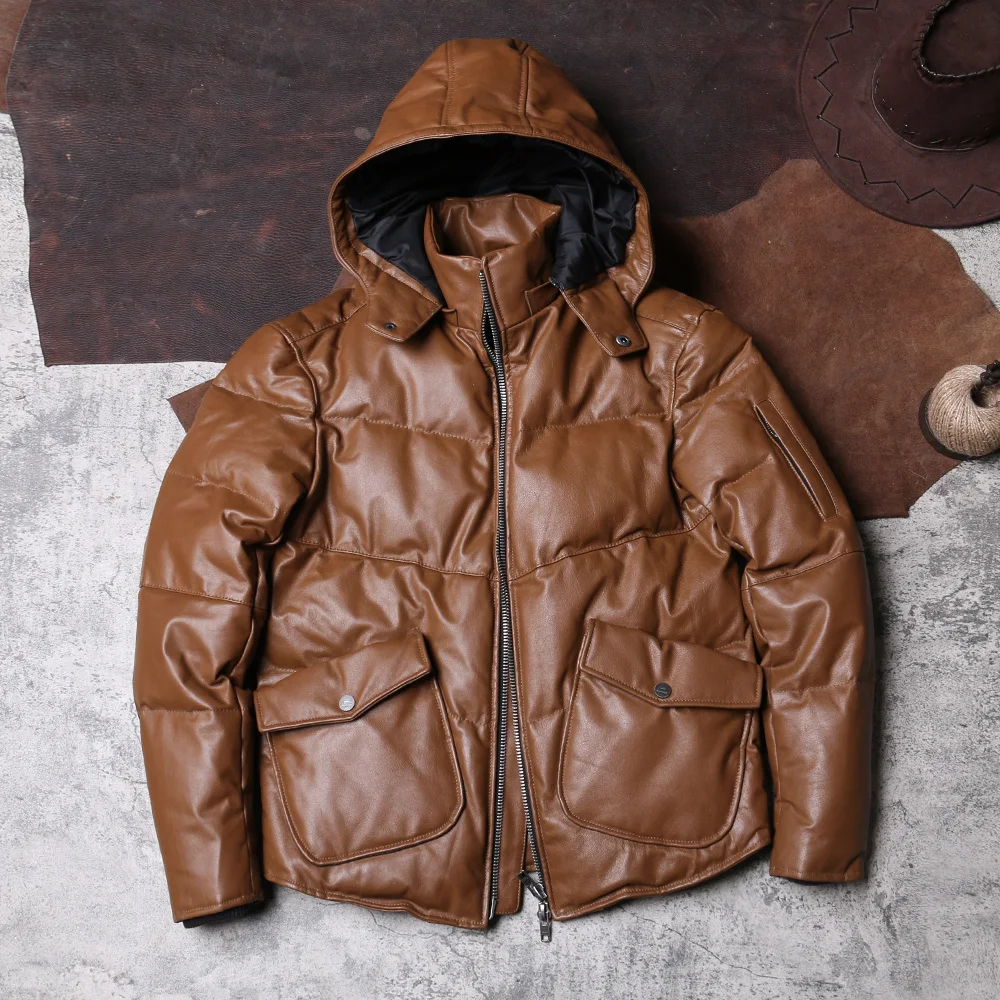 

DSCD798 Asian Size High Quality Super Warm Genuine Cow Skin Leather Coat Mens Casual Cowhide Down Jacket 350G