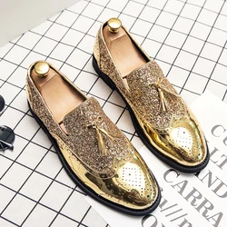 Fashion Gold British Style Pointed Tip Loafers Men's Tassel Comfortable Casual Shoes Shiny Leather Nightclub Party Wedding Shoes