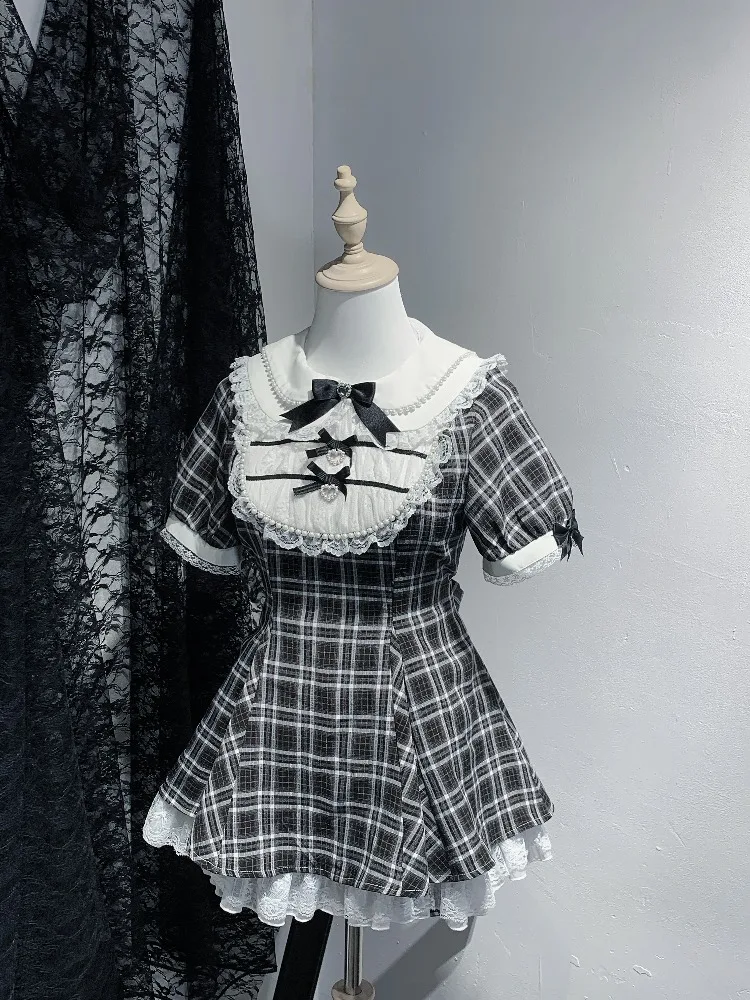 Japanese Mine Style Mass-Produced Lace Splicing Doll Collar High Waist Lace-up Plaid Dress High Waist Shorts Two-Piece Set Women