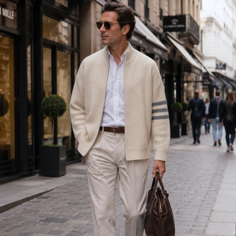 Business Luxury Knitted Cardigan Men Solid Color Sweater Coat Autumn Long Sleeved Zipper Knit Jackets Warm Work Cardigans Jacket