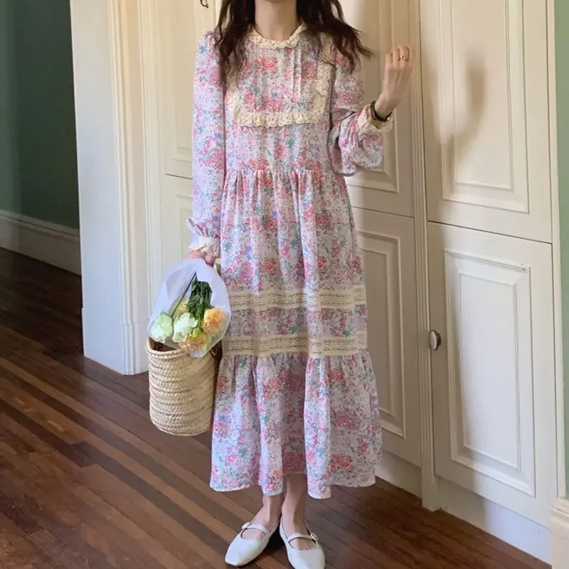 Korobov Age-reducing Stand-up Collar Dress Lace Loose Korean Chic Floral Dresses Female Spring Korean Fashion Vestido Feminino