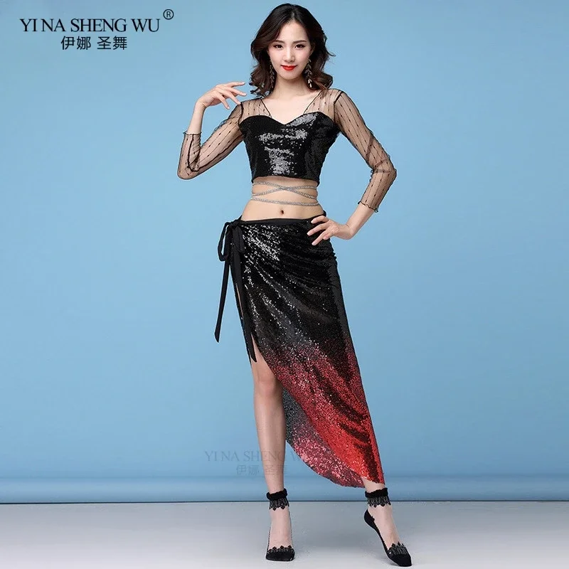 Nouveau ensemble de vêtements d'entraînement de danse automne et hiver nouveau costume de danse du ventre en maille Sexy haut + jupe 2/3 pièces ensemble de danse pour les femmes danse du ventre