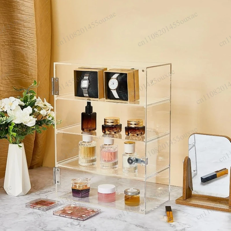 3-Tier Lockable Wall Mounted Acrylic Display Cabinet Dustproof Storage Organizer for Figurines Jewelry Cosmetics