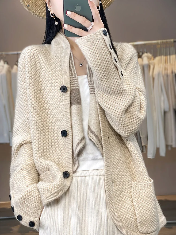 

Кардиган в стиле ретро, женская одежда, осенне-зимний свитер, свитер из 100% мериносовой шерсти, кардиган с воротником-стойкой, плотная верхняя одежда, повседневная вязаная одежда