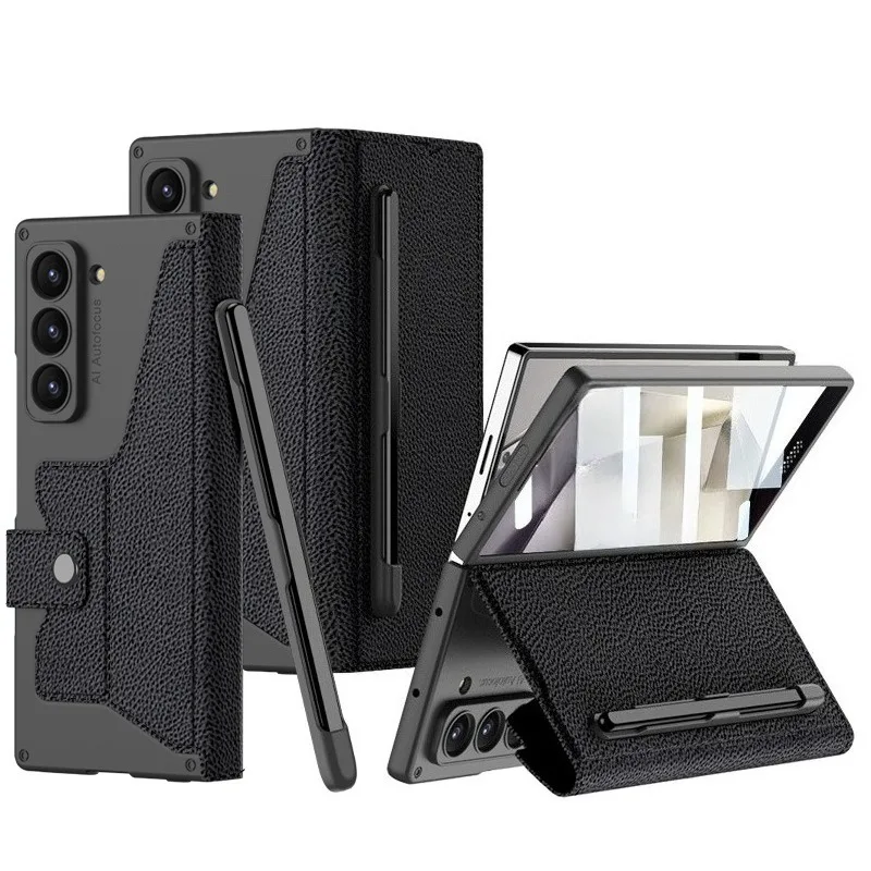 

PU Leather External Magnetic Screen Glass Film with Pen Phone Case for Samsung Galaxy Z Fold 7 6 Fold7 Hinge Protection Cover