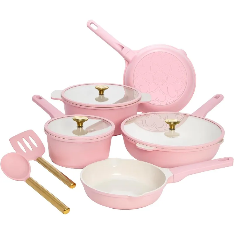 Paris Hilton Ceramic Nonstick Cookware Set, Cast Aluminum with Dual Layer Nonstick Coating, Dishwasher Safe, 10-Piece, Pink