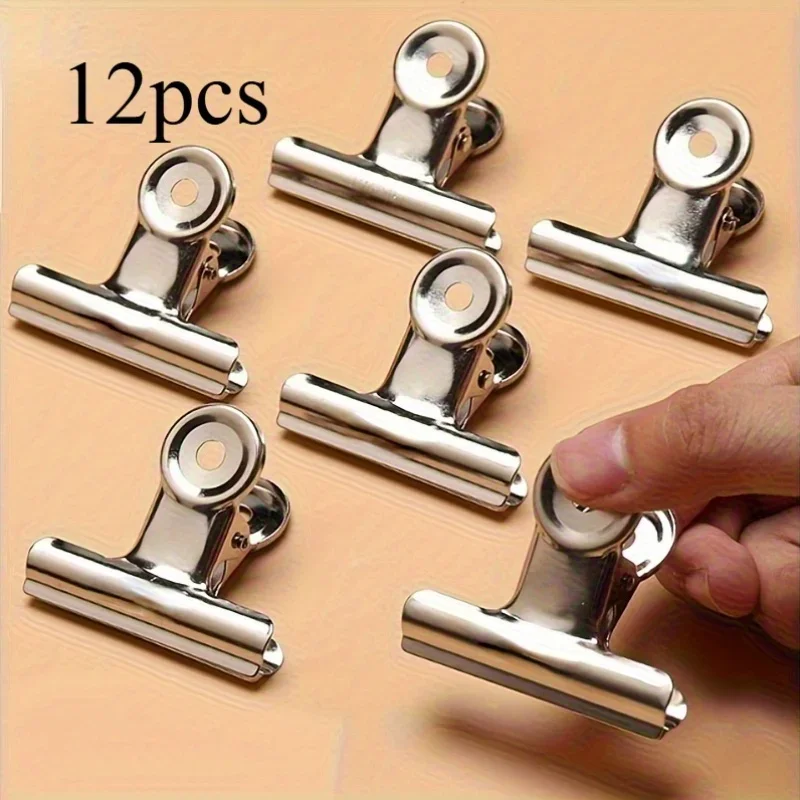 12 szt. Wytrzymałych klipsów ze stali nierdzewnej do zamykania torebek z żywnością - szczelne, wielokrotnego użytku, uniwersalne klipsy do kuchni, biura, szkoły