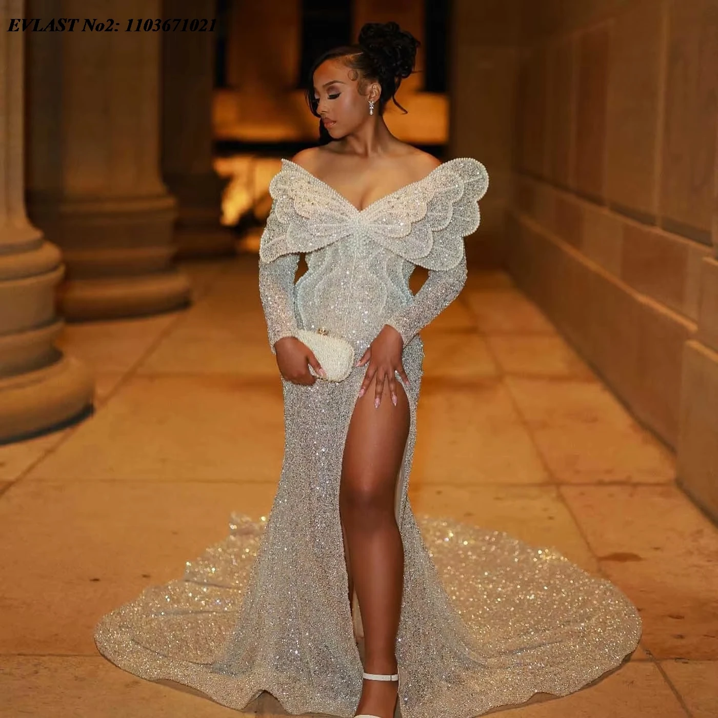 

EVLAST Customized Sparkly Sequins Lace Evening Dress Aso Ebi Wedding Party Dress Pearls 3D Butterfly Prom African Gowns E2P570