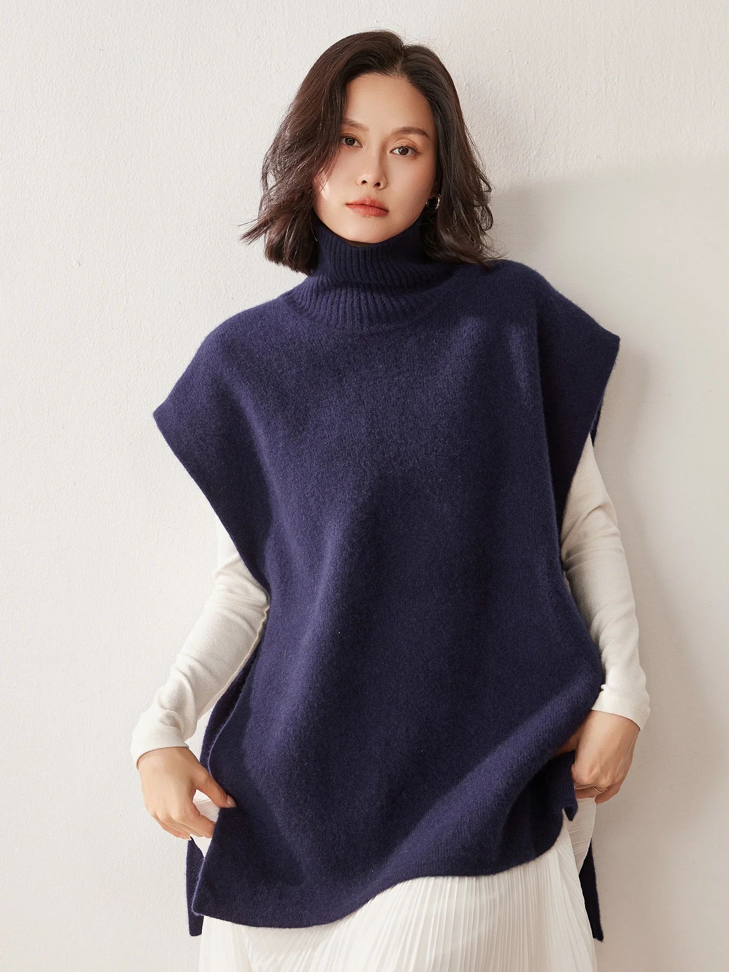 

Autumn Winter New Women's 100% Pure Cashmere Turtleneck Pullover Sweater Sleeveless Loose Lazy Style Knitted Vest Light Luxury