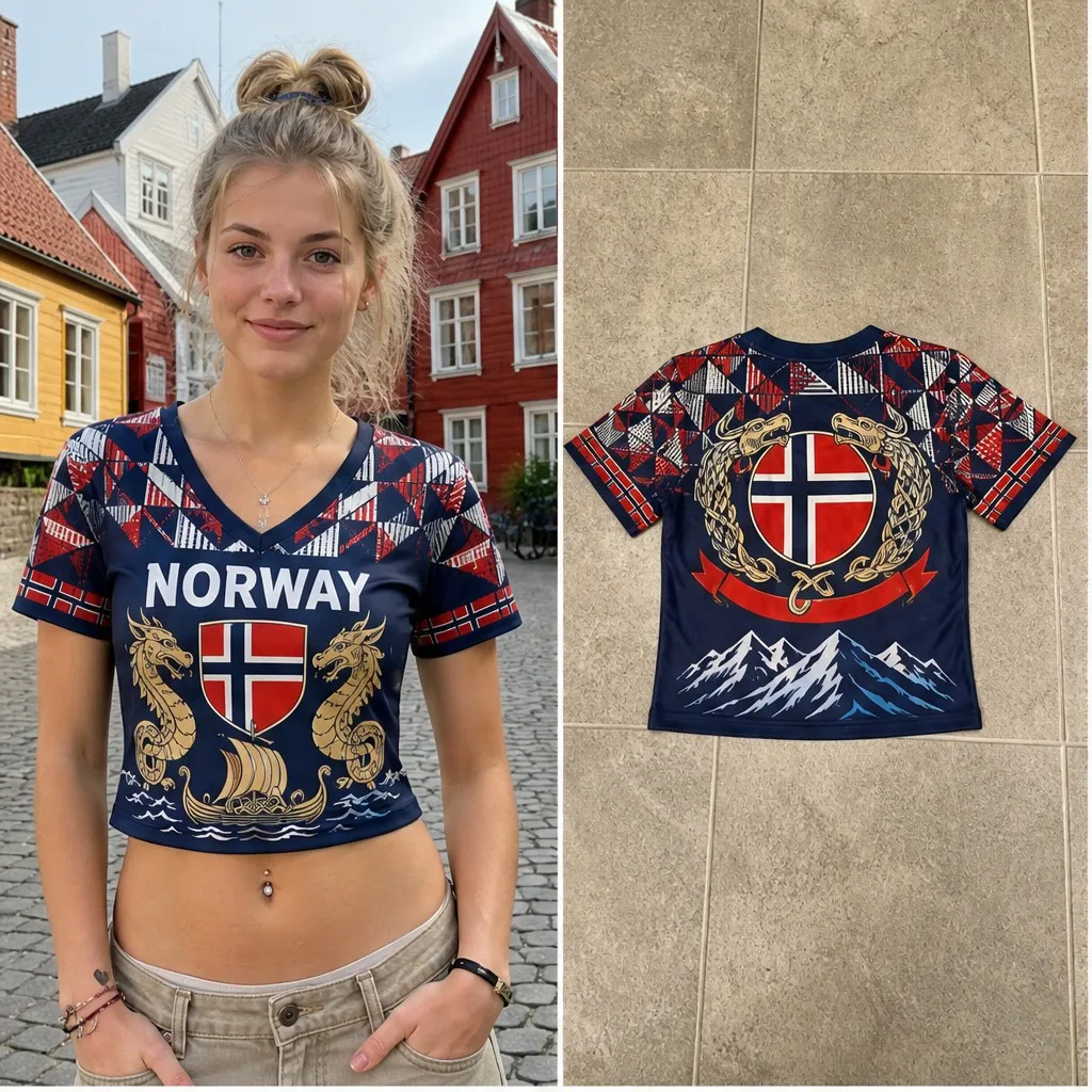 Womens V Neck Cropped Tee Norway Royal Viking Crest Print Short Sleeve Summer Casual Tops With Mountain Back Nordic Travel Shirt