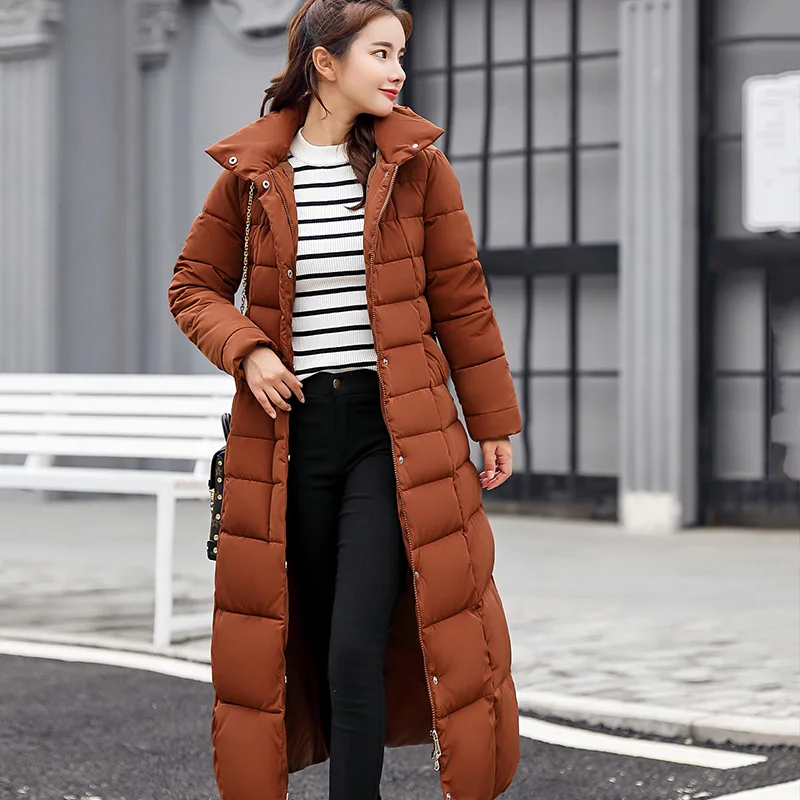 Luxury Winter Long Parkas Warm Fur Collar Hooded Cotton-padded Jacket Slim Belt Zipper Long Sleeve Windproof Coat Women Clothing