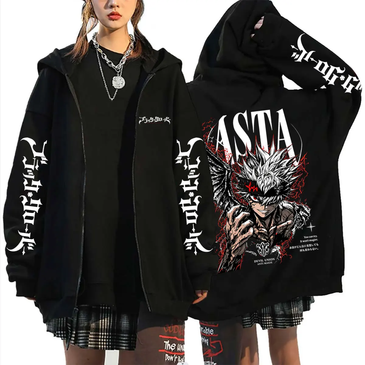 Anime Black Clover Asta Merchandise, Kapuzenjacke mit Reißverschluss, für Herren und Damen, lässiger Fleece-Overall, Oversized-Jacke mit Reißverschluss, Herrenmode, Manga-Sweatshirt mit