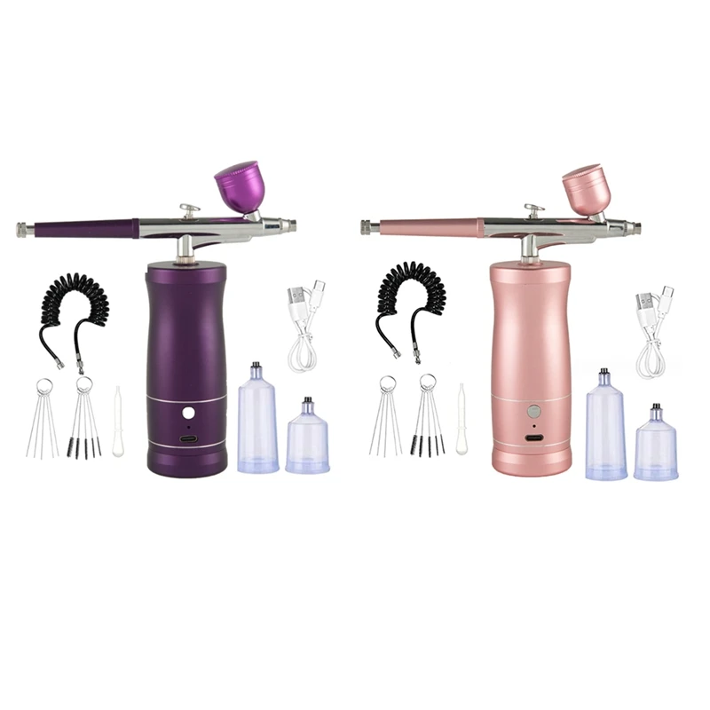 Airbrush Kit Handheld Rechargeable Airbrush Compressor Airbrush Set Portable For Nail Art Barber Makeup Cake Easy Install Purple