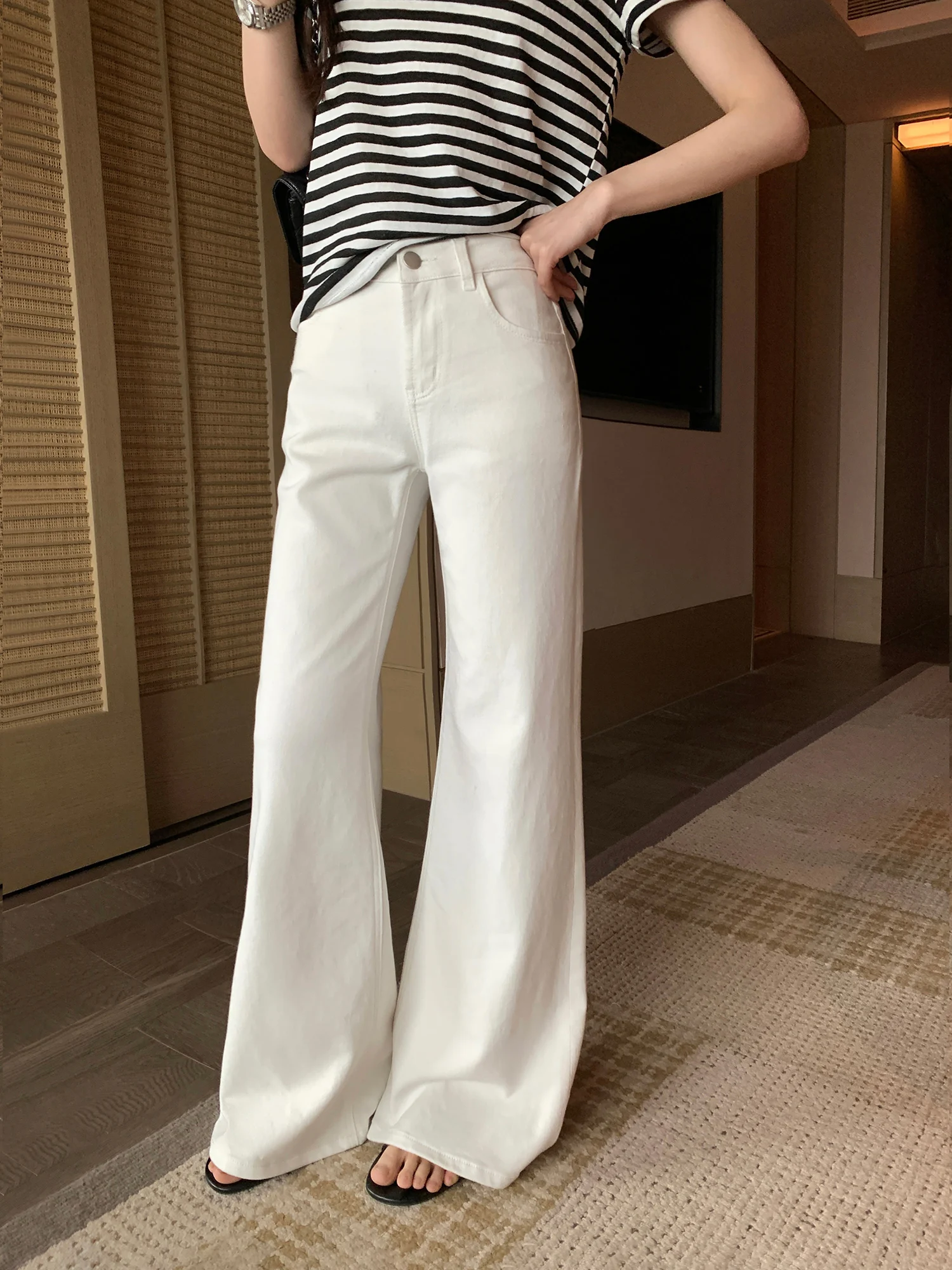 Pusumede Long Leg Series Diagonal Stripe Slim Fit Micro Flare Jeans Women Casual Versatile Floor Length Pants