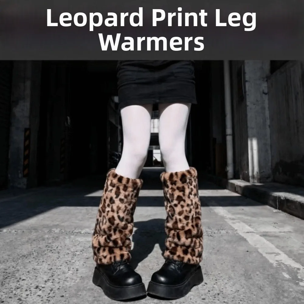 Harajuku Style Leopard Print Furry Leg Warmers Y2K Faux Fur Long Tube Sock Thickened Soft Warm Knee Sleeve Women
