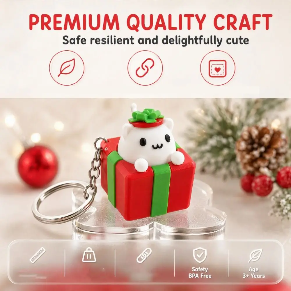 3D Printed Christmas Clicker Keychain Cute Cat Button Press Key Ring Gift Box Shape Kawaii Style Fidget Bag Cat Keychain