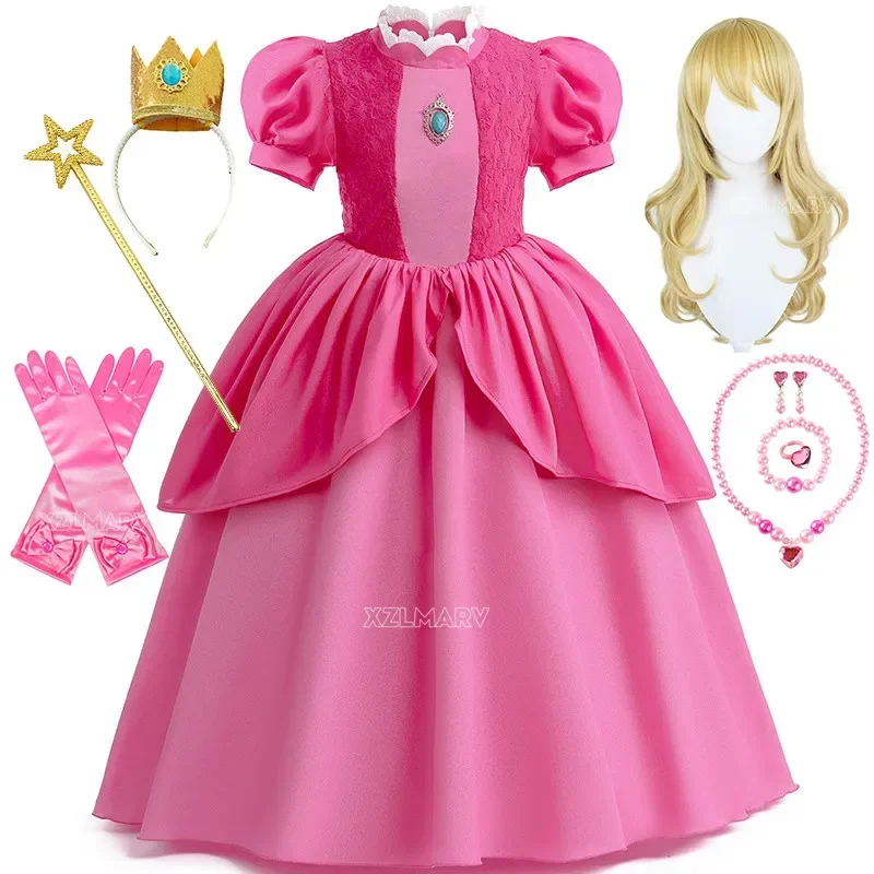 Perzik Prinses Cosplay Jurk Meisje Spel Rollenspel Kostuum Verjaardagsfeest Podium Performance Outfits Kids Carnaval Mooie Kleding