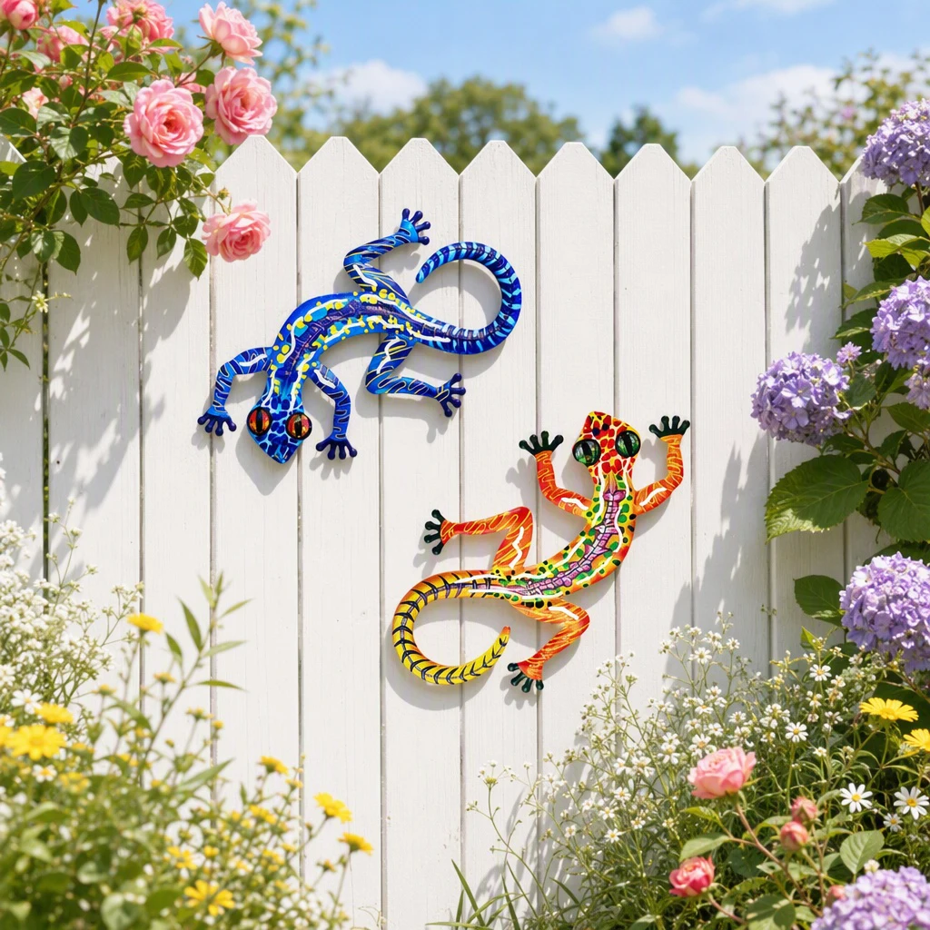 GEEYANG 1PC/2PCS Colorful Metal Lizard Wall Hanging Decor Iron Gecko Sculpture Outdoor Garden Patio Fence Art for Porch Balcony