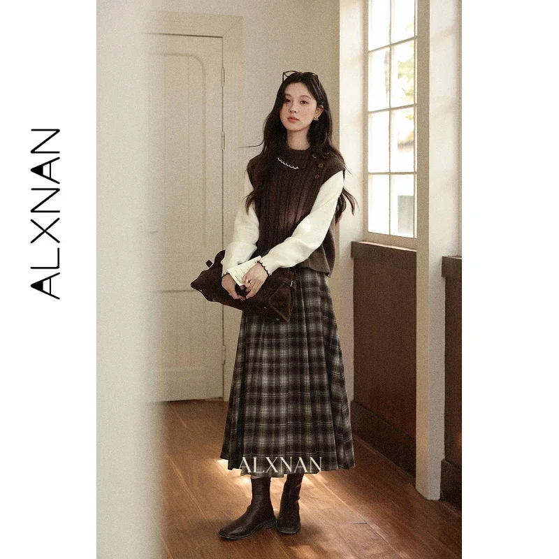 ALXNAN Women's Length Skirt 2026 Plaid Color Block Design Flared High Waist Silhouette Slim-fit Casual A-line Skirt VL57735