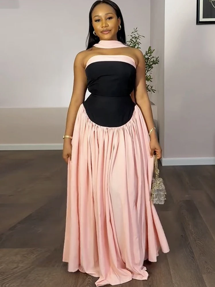 

Women Strapless Pleated Long Dress Side Zip Elegant Summer Long Dress Low Waist Sexy Pink Evening Dress Wholesale Dropshipping