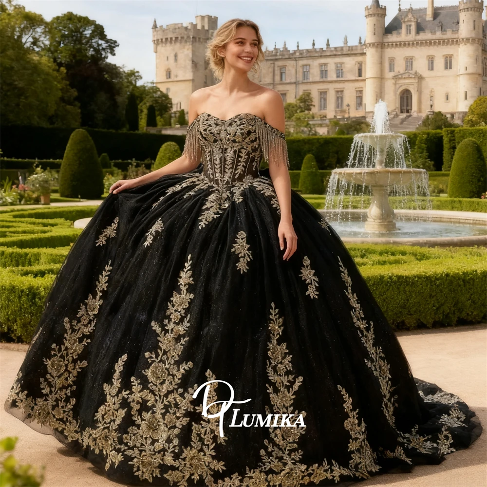 

Роскошные золотые кружевные аппликации, милые платья 15, милый вырез, черные платья Quinceanera, платья для выпускного вечера по индивидуальному заказу, вечернее платье с бисером