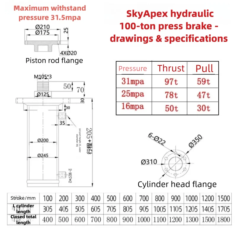 Powerful 100Ton 120Ton Double Acting Hydraulic Cylinder For Packing Press Top Bottom Flange