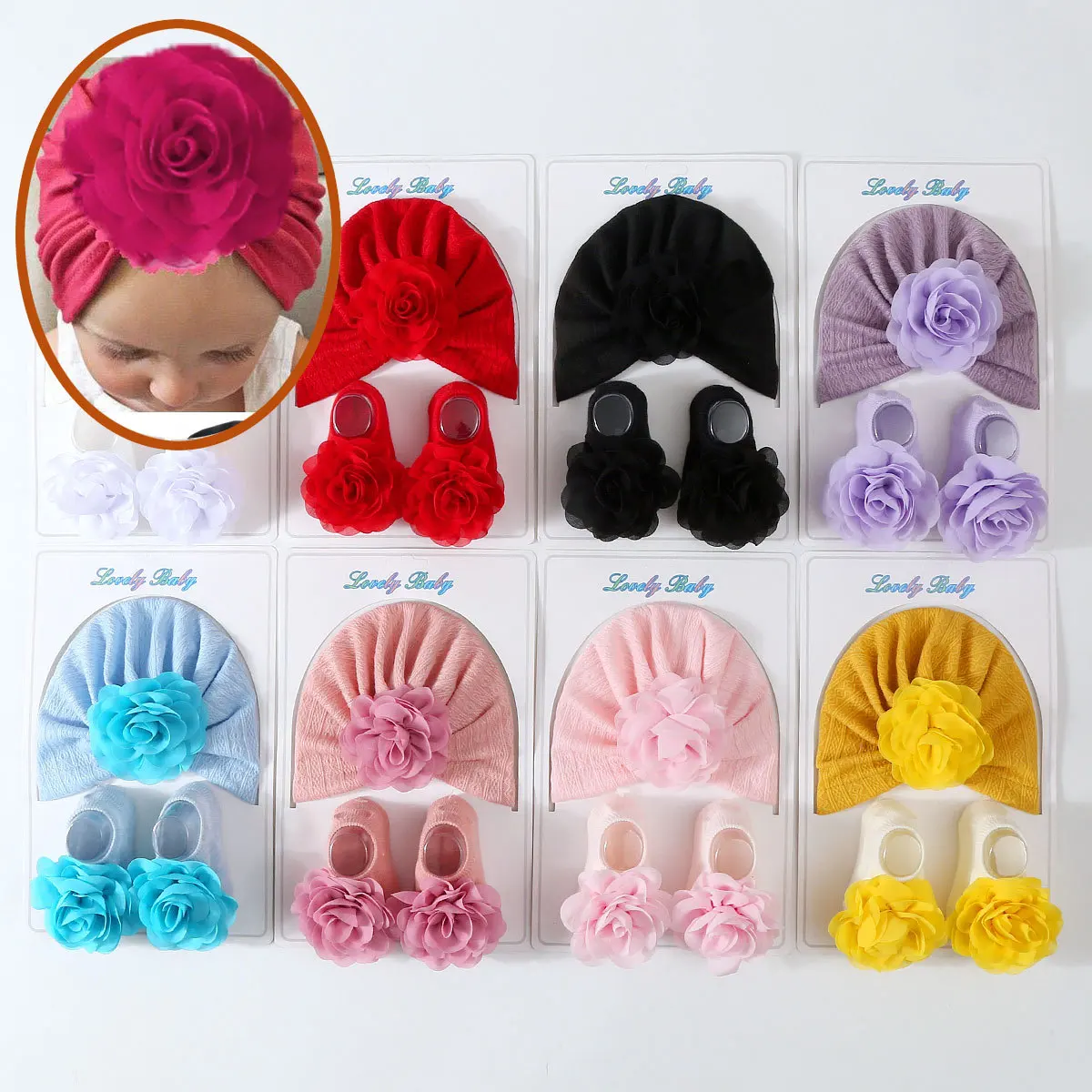 New Baby 1Set Big Flower Hats Socks Newborn Soft Solid Prewalker Anti Slip Sock Hat Girl Infant Cute Cap Beanies Turban Socks