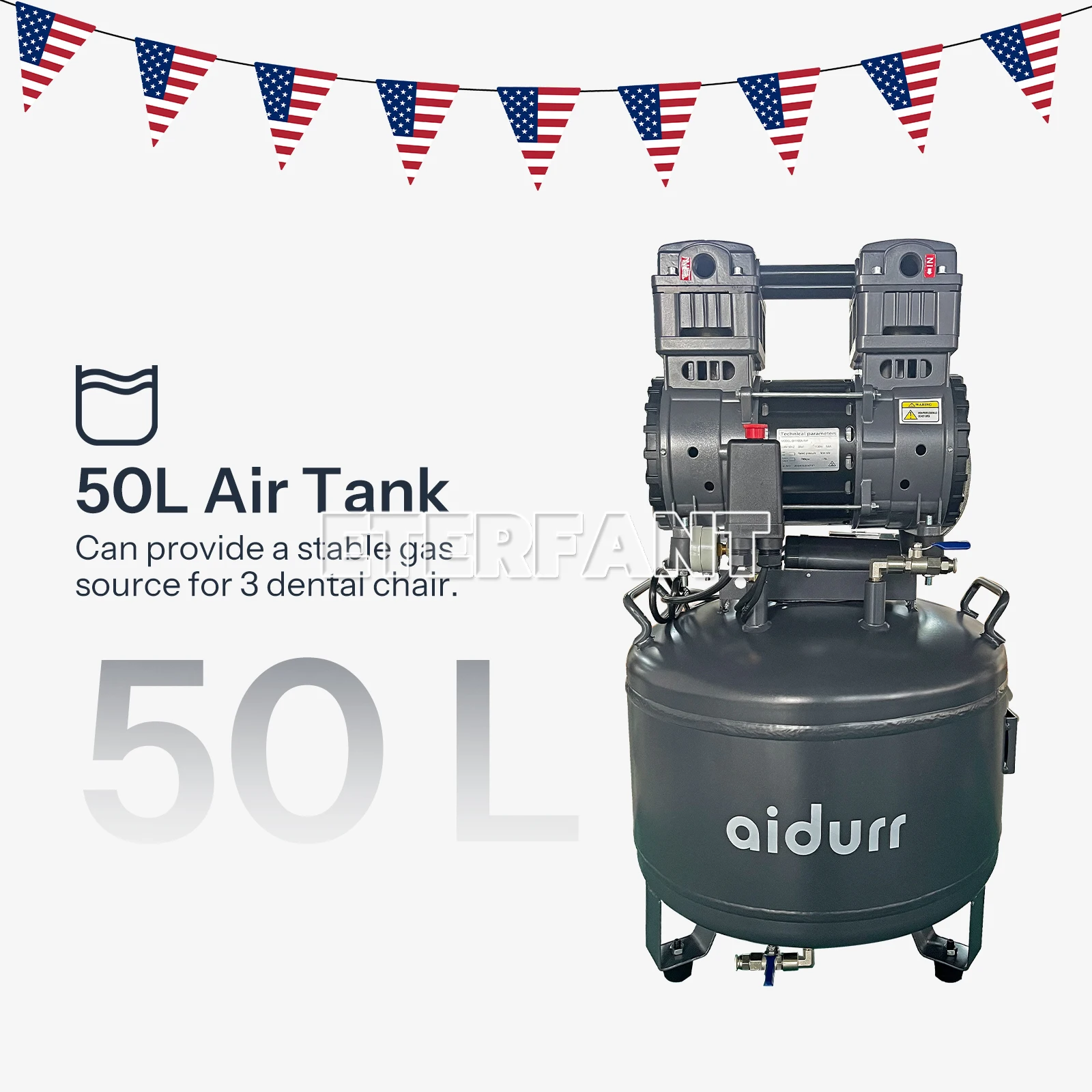 

ETERFANT 50L Dental Silent Oil-Free Air Compressor Portable Medical Pump DC103 Smart Automatic Control Air Pressure Adjustment