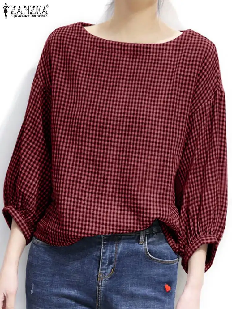 Vintage Plaid Checked Blouse ZANZEA Autumn Women Tops Casual O Neck 3/4 Sleeve Baggy Shirt Female Elegant OL Work Blusas 2024