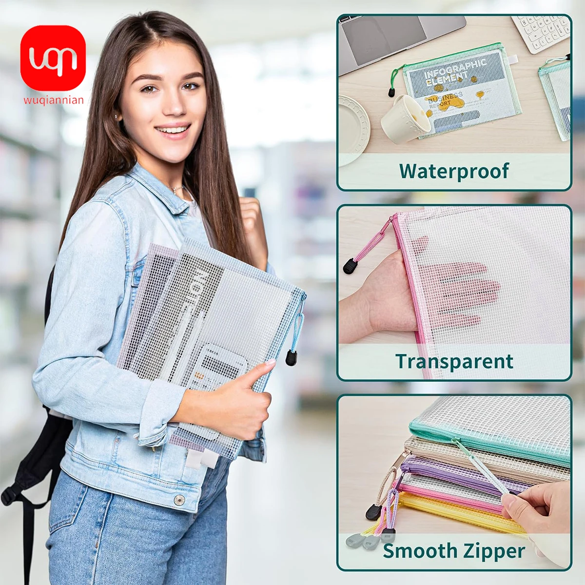 Impermeável Mesh Zipper Pouch, saco de documentos, pastas de arquivo, material de escritório escolar, lápis, maquiagem cosméticos sacos, A4, 1 Pc