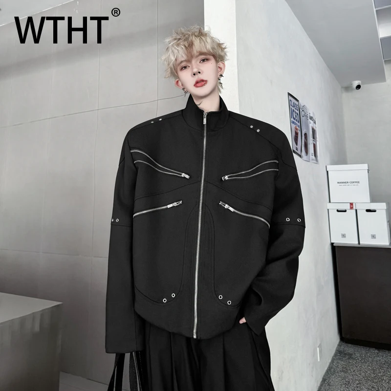 

WTHT модное мужское свободное уличное пальто с заклепками на молнии, модное осеннее пальто 2021, мужские куртки с воротником-стойкой и длинными рукавами 2A1866