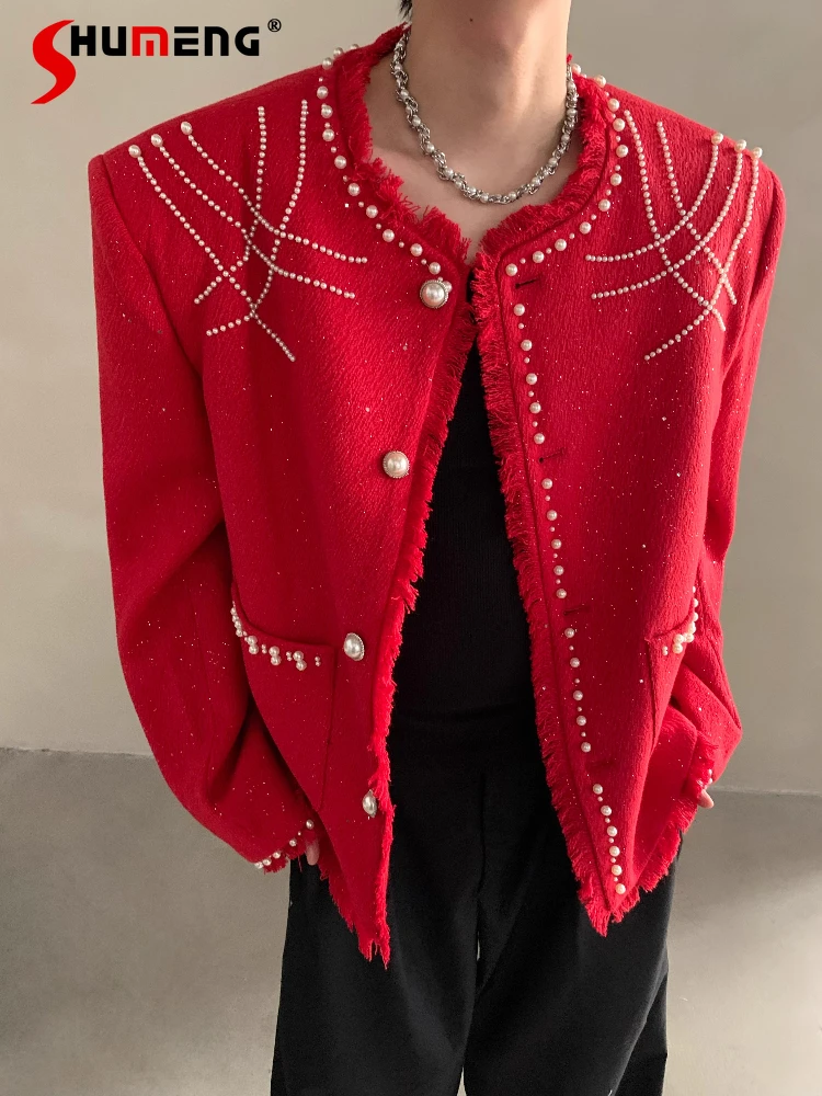 

Мужские осенние новые топы 2025, мужские высококачественные подплечники из бисера, маленькие ароматные куртки, пальто, стильные красивые куртки с длинными рукавами