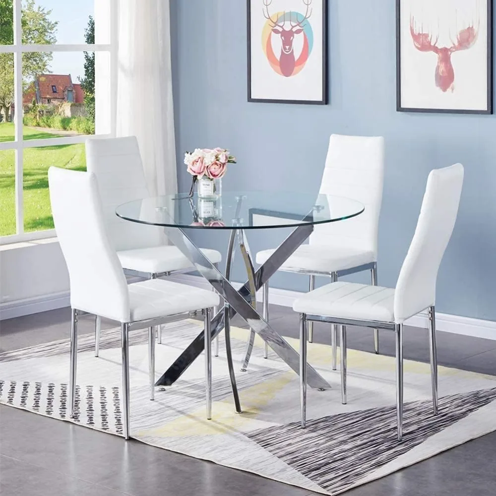 

Piece Dining Table Set for 4 Round Tempered Glass Dining Table Set Table with 4 High-Back Upholstered Chair