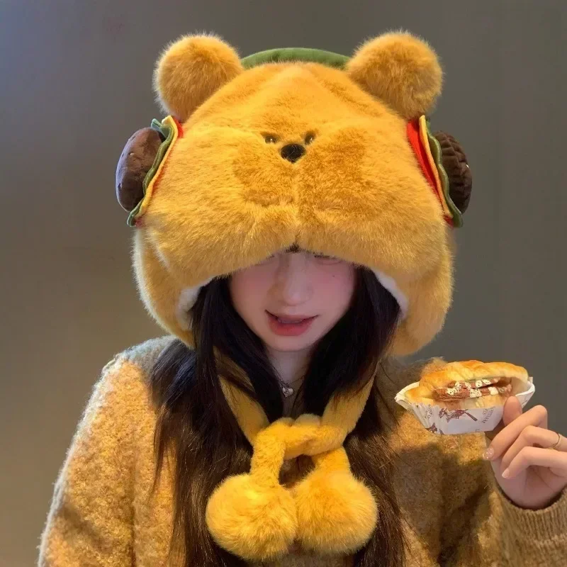 

Cute Hamburger Bear Plush Hat Thickened Fleece Lined Winter Hat for Women Warm Ear Protection Face Shaping Leifeng Hat