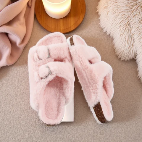 Evshine Fur Fluffy Cork Slippers For Women Comfy Arch Support Fuzzy Slippers Open Toe Plush House Slides With Adjustable Buckle