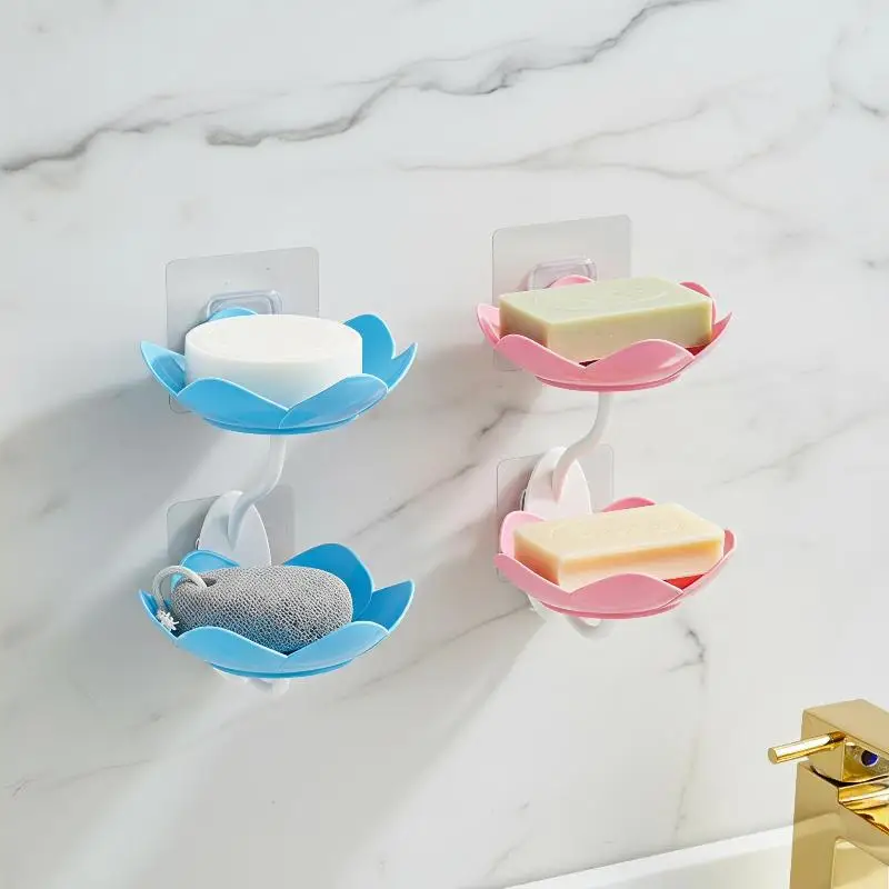 Double Layer Lotus Shaped Flowers Soap Dish Box Punch-free Wall Mounted Floral Shelf Holders No Mess Quick Dry