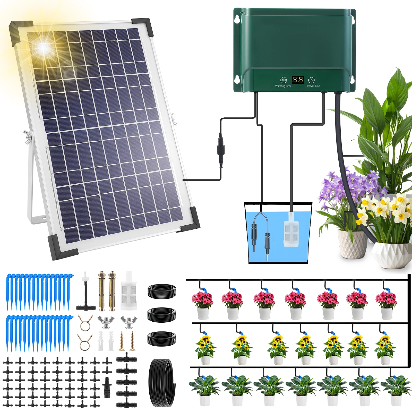 Solar Irrigation System 10W Watering for Garden Plant Greenhouse,2025 Latest Model Drip Kit DIY Automatic with 30 Drippers