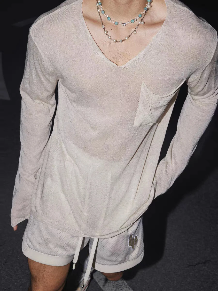 Men's T-shirts Solid Color See-through V-neck Thin Tees Long Sleeved Loose Male Pullover Tops Autumn Night Club Hollow Out Tops
