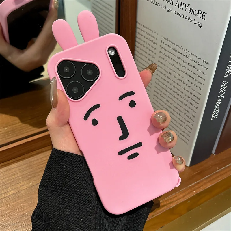 Kawaii ثلاثية الأبعاد مضحك الكرتون الوردي الرموز التعبيرية أرنب قضية الهاتف آيفون 17 16e 15 14 13 12 برو ماكس زائد لينة سيليكون غطاء مقاوم للصدمات