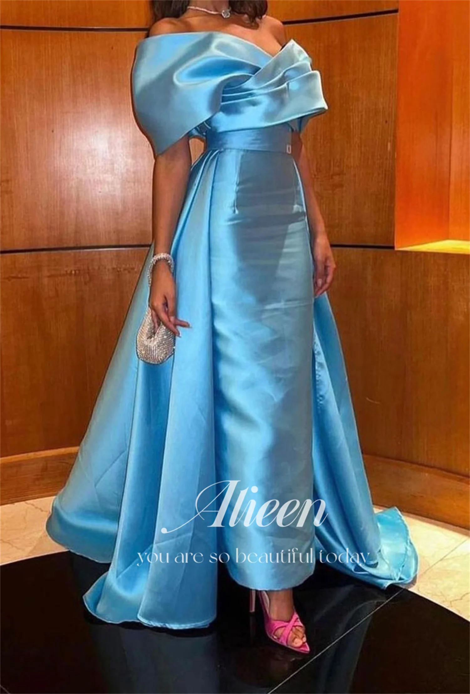 Aileen Blue Sheath Midi Prom Dresses With Tail Saudi Arabic Off The Shoulder Pleats Evening Dress Formal Party Bridesmaid Gown