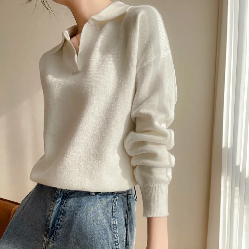 Spring And Autumn New Women\'s Polo Fashion Knitted Pullover Sweater Retro Luxury Design Casual Versatile Solid Color Chic Top