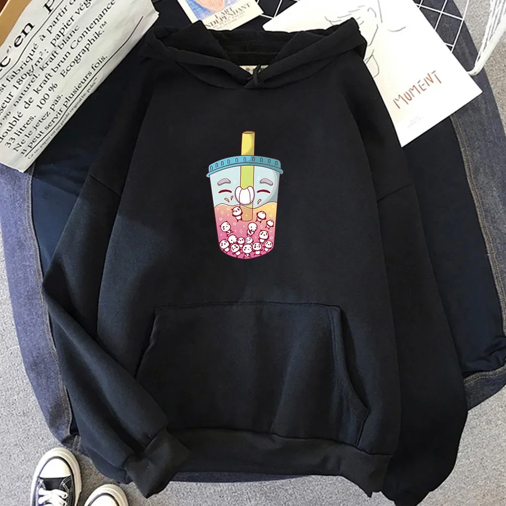 Cute Bubble Boba Milk Tea Panda Hoodies Kawaii Graphic Printed Women Sweatshirt Long Sleeve Hooded Pullover Female Clothes Tops