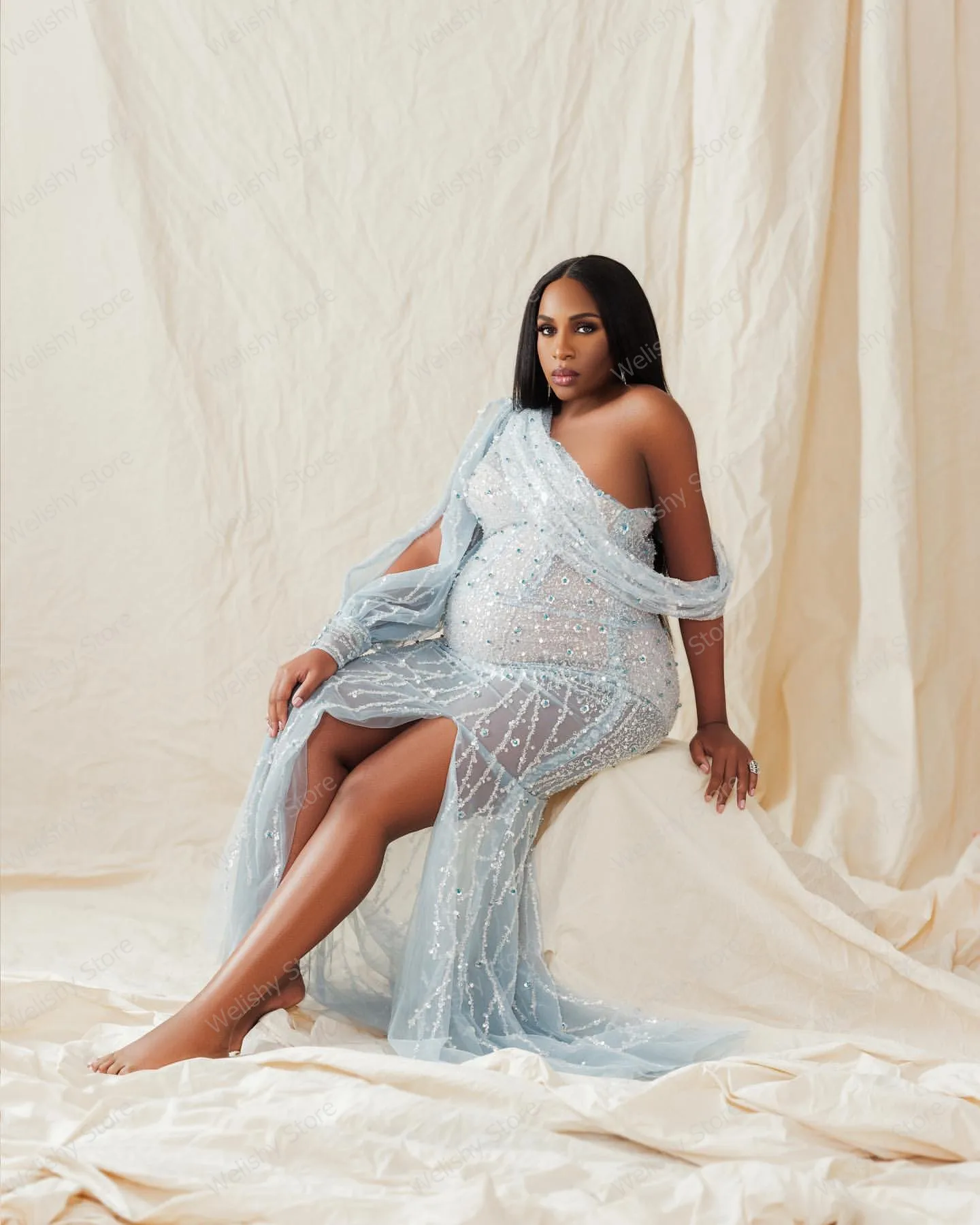 Sparkle Sky Blue Sequins Sheer Mesh Maternity Dresses Africa Women Sexy One Shoulder Hi Slit Long Illusion Dress For Photo Shoot