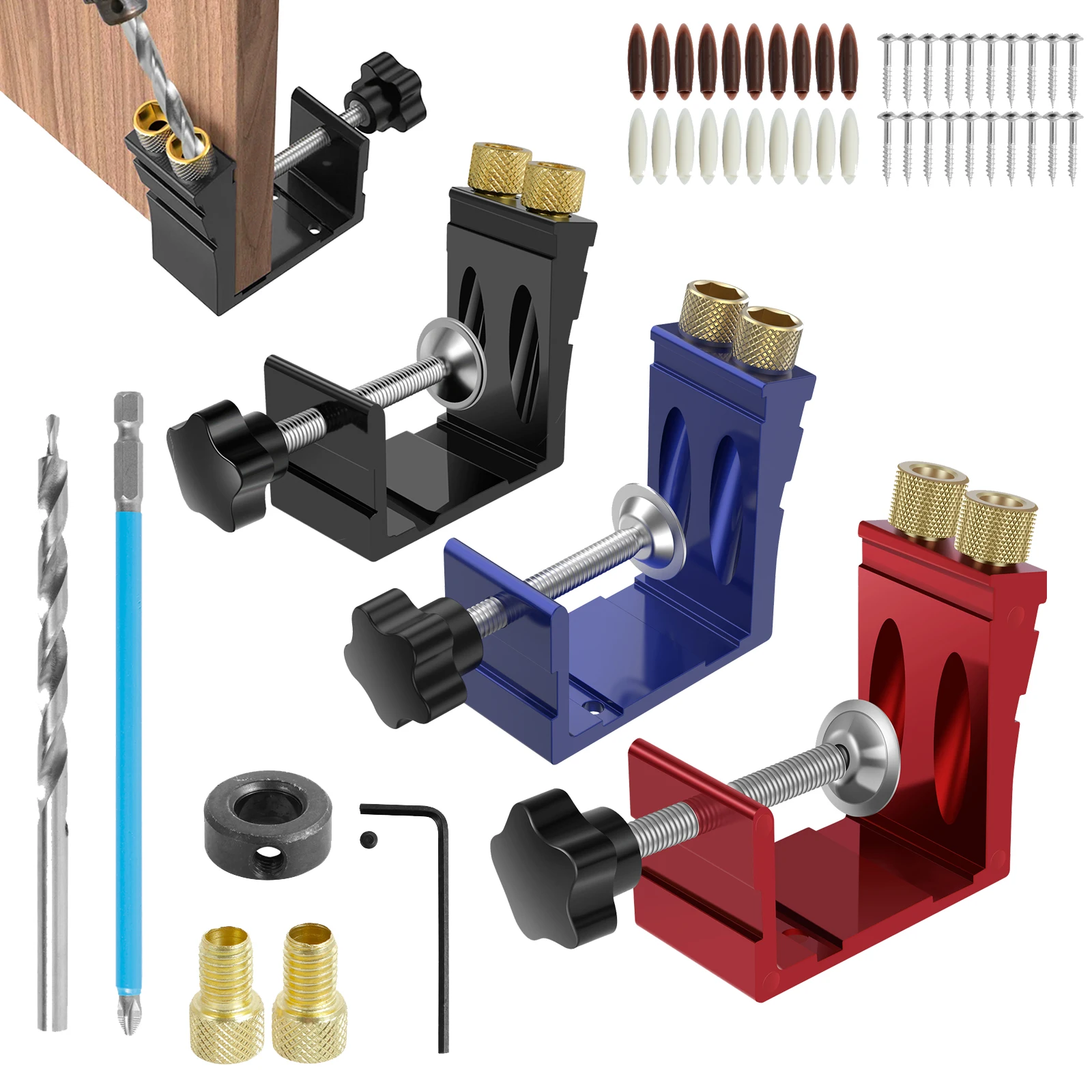 47Pcs Pocket Hole Jig Kit 15 Degree Pocket Hole Screw Jig Dowel Drill Joinery Kit Pocket Hole Guide Tool Positioner Woodworking