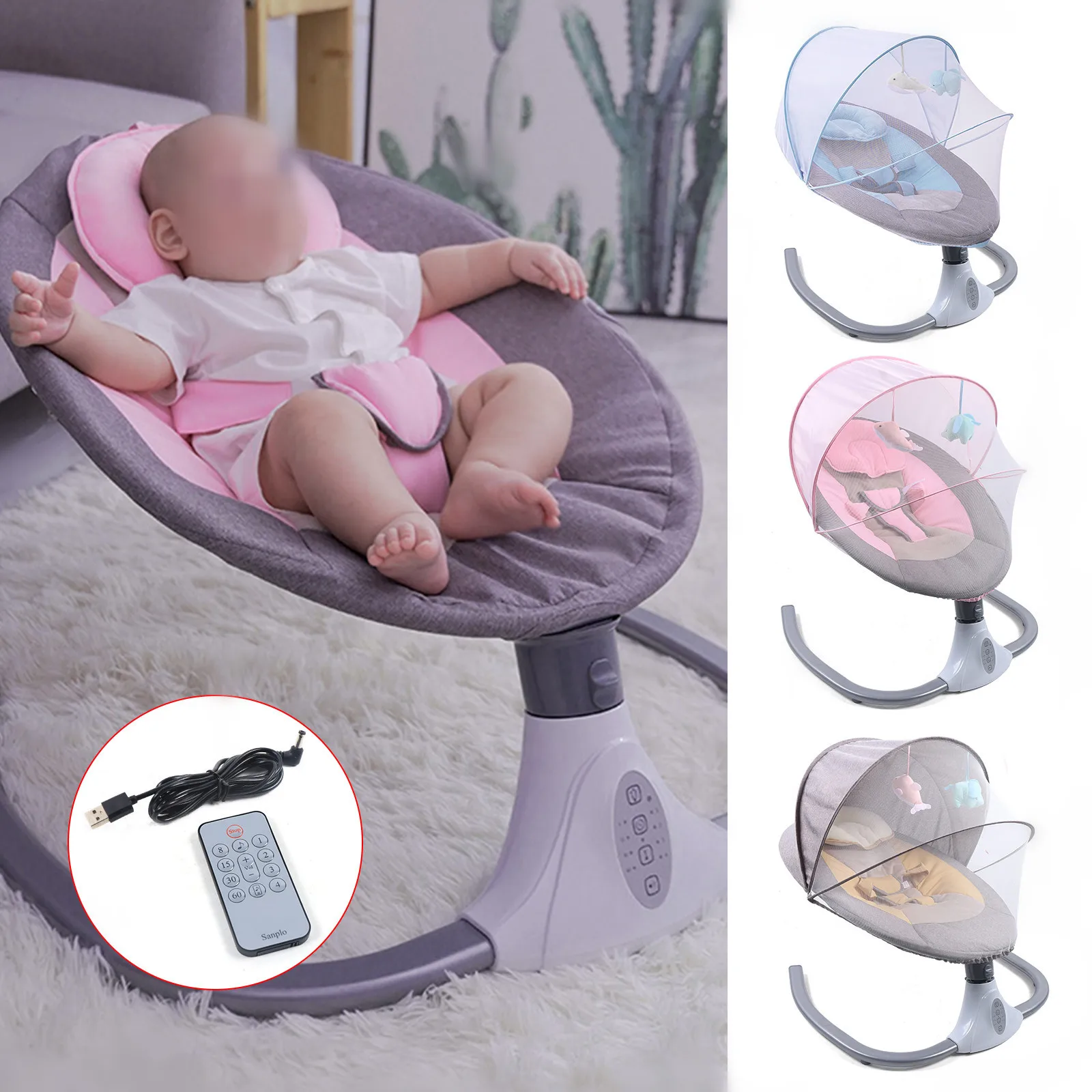 Columpio eléctrico para bebé de 0 a 18 meses, cuna mecedora Musical con sombrilla y mosquitera, mecedora de 4 velocidades, con control remoto